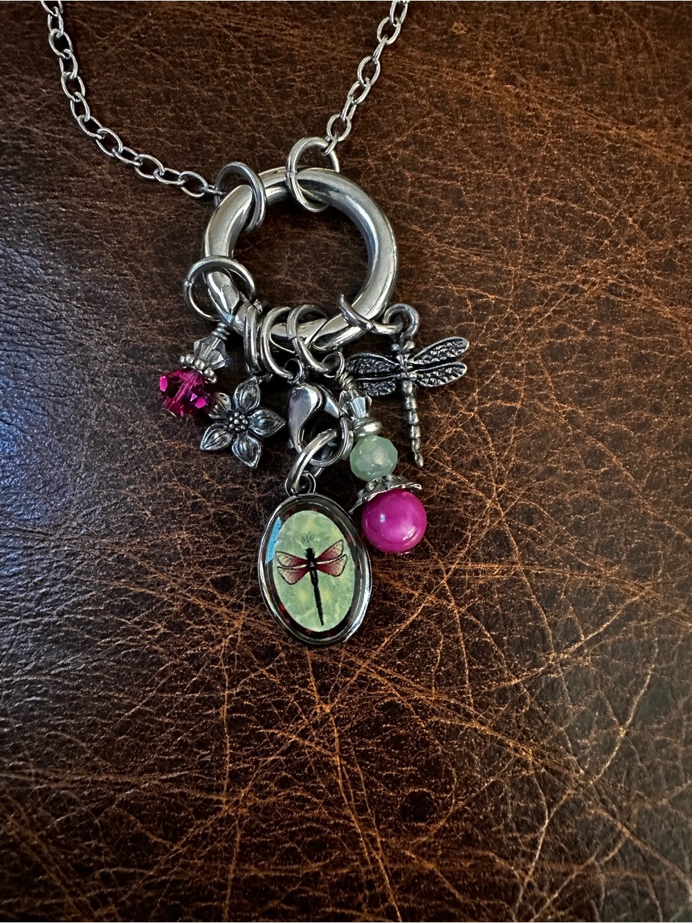 Artisan Silver Charm dragonfly Necklace with Pink and Green Beads